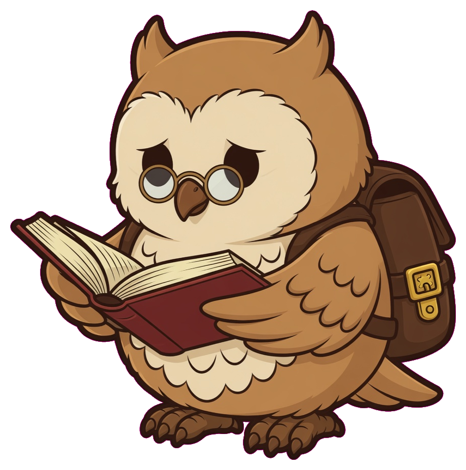 Quill at a library table with open books
